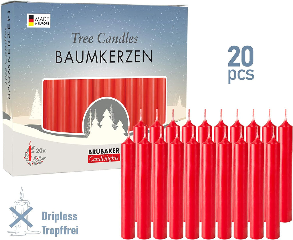 BRUBAKER Tree Candles - Pack of 20 - Red - 3¾ x ½ Inches (9.5 x 1.27cm) - Made in Europe - Pyramids, Carousels & Chimes