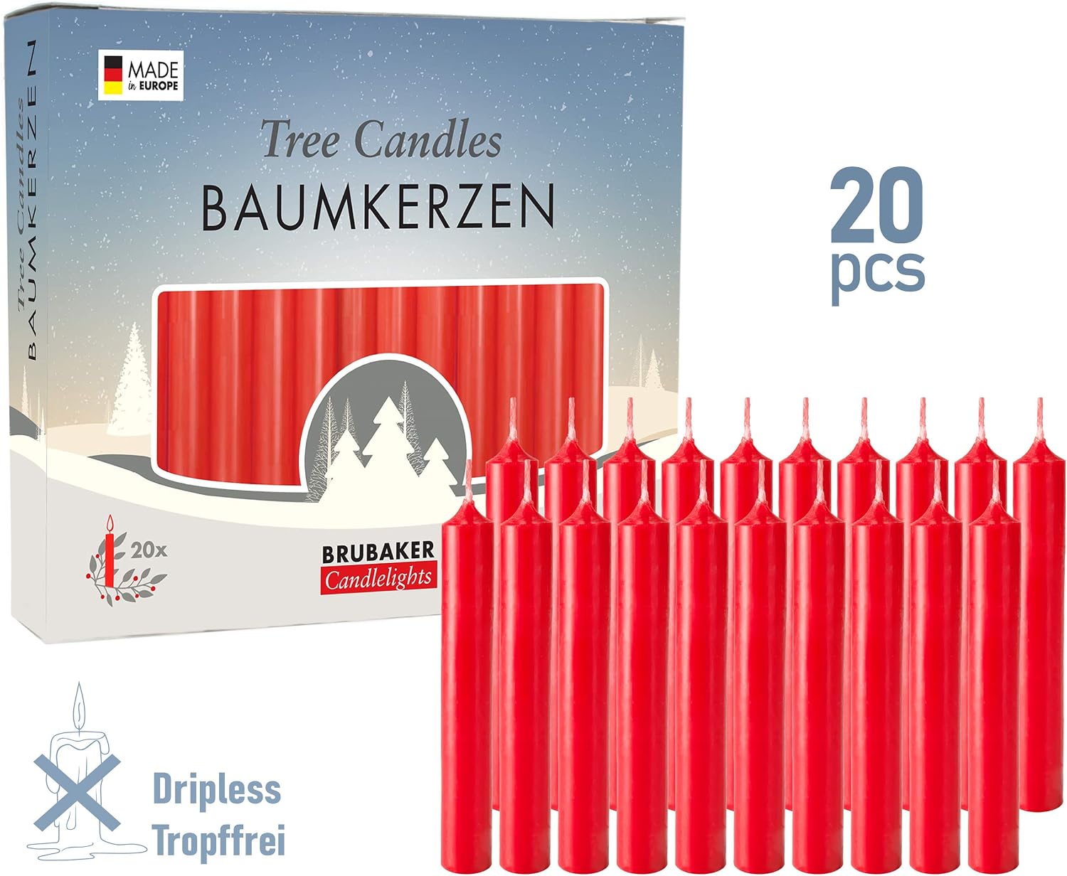BRUBAKER Tree Candles - Pack of 20 - Red - 3¾ x ½ Inches (9.5 x 1.27cm) - Made in Europe - Pyramids, Carousels & Chimes