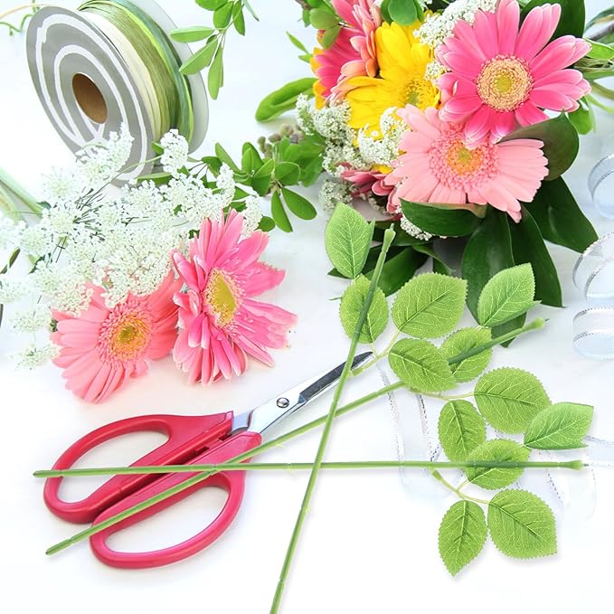 Veemoon 30pcs Floral Wire Stem with Leaves Artificial Plastic Rose Floral Wire Stems DIY Craft Bouquet Making Floral Arrangement Tools for Wedding Bouquet Centerpiece Home Decor