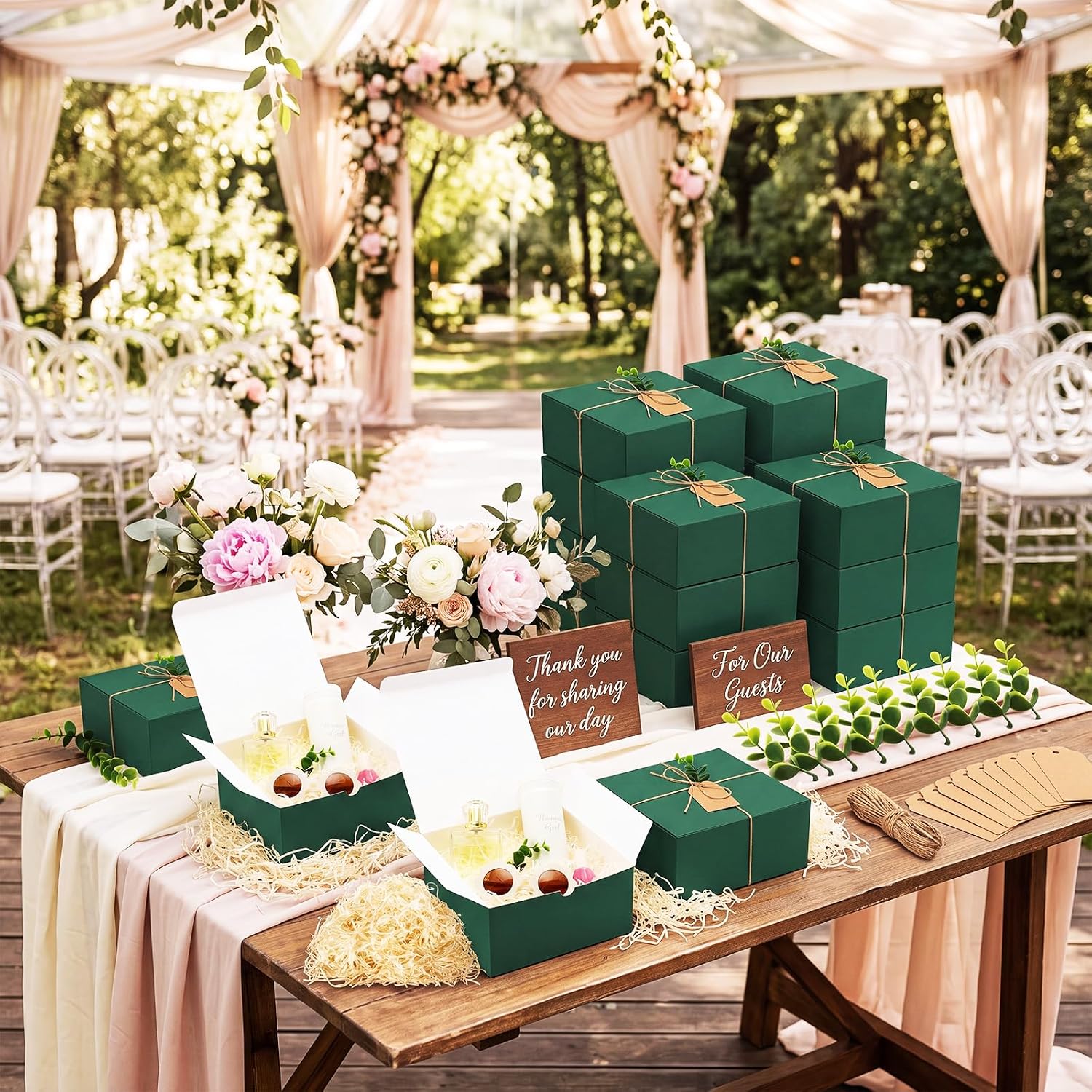 Crtiin 8 Pack Gift Boxes with Lids, 8x8x4 Inch Forest Green Bridesmaid Proposal Gift Box with Shredded Paper, Twine, Tags & Eucalyptus Leaves for Presents, Wedding, Birthday, Christmas, Baby Shower