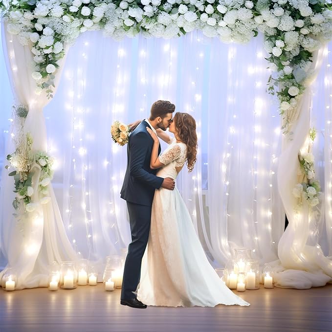White Backdrop Curtains with Lights String for Wedding Parties 10×10ft Sheer Tulle Backdrop Curtain for Bridal Shower Baby Shower Birthday Party Photo Shoot Background Decorations(2 Panels 10ft×10ft)
