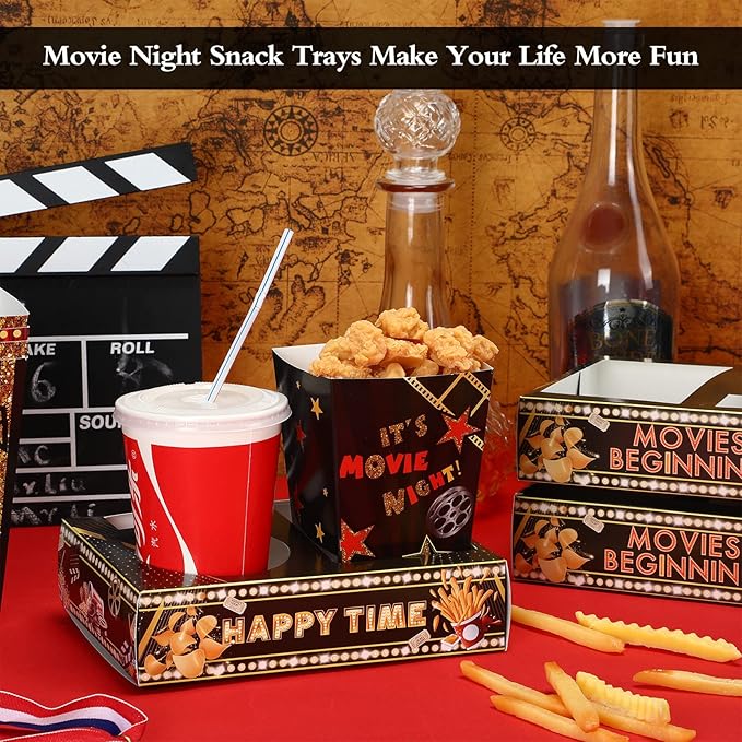 Faccito 36 Pcs Movie Night Snack Trays Movie Theater Snack Boxes Night Supply Disposable Paper Holder Tray for Popcorn Food Candy Drink Party 8 x 6 Inch(Black Gold,Cute Style)