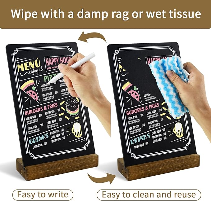 3 Pack Small Chalkboard Signs With Stand, 8x5'' Table Top Sign With Wooden Base, Double-Sided Mini Boards for Food Messages, Restaurant, Bar, Party, Store Decoration