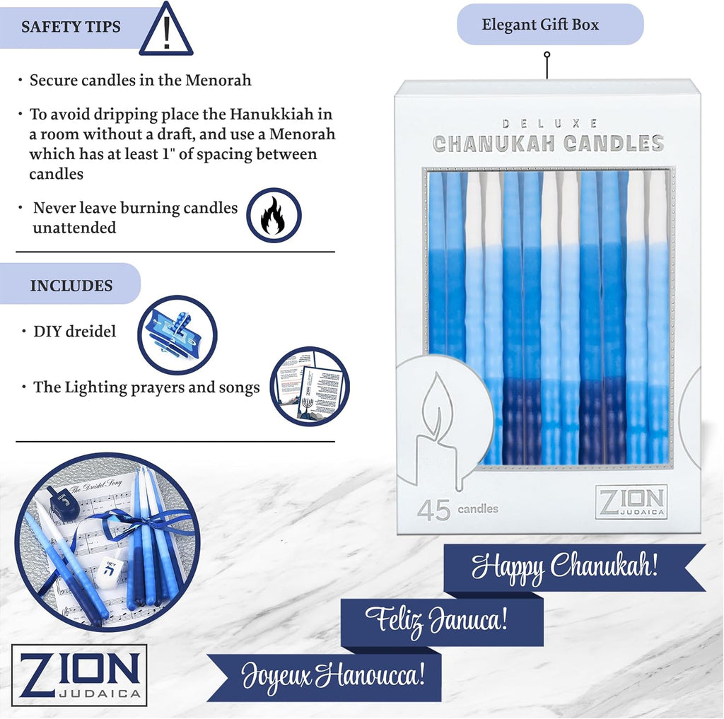 Hanukkah Candles for Menorah Box of 45 Tri-Color Blue Tapered Ribbed Style Quality Wax with Prayer Card & DIY Dreidel - Fits Standard Menorahs – Enough for All 8 Nights - by Zion Judaica
