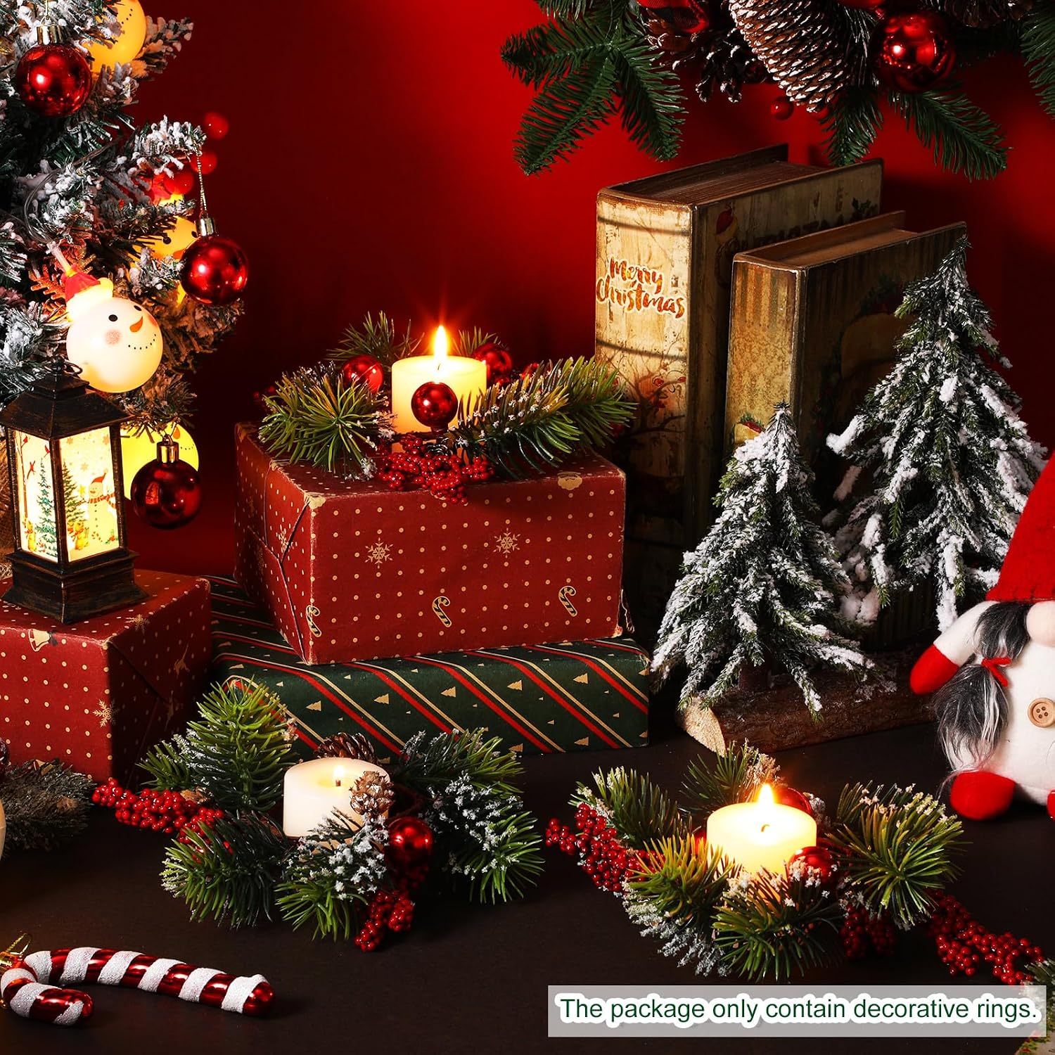 8 Sets mini Christmas Candle Rings Wreaths Berry Pinecone Red Poinsettia Wreaths Rings Xmas Mini Candle Holders for Christmas Wedding Table Centerpiece Decor (Simple)