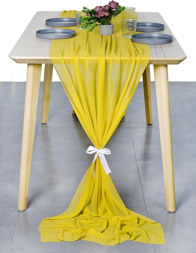 MDS 20 Pack 10ft Chiffon Table Runner 29 x 120 Inches Sheer Wedding Runner Romantic Rustic Table Runner for Wedding Decorations, Birthday Parties, Bridal Shower Party Arch Decor - Yellow
