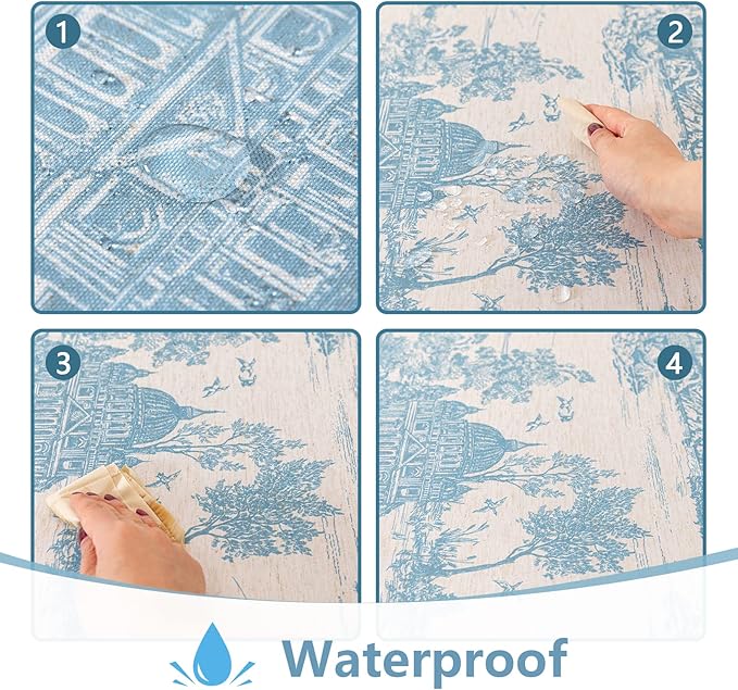 MYSKY HOME Linen Vintage Rectangle Tablecloth 60x84 Inches, Blue Castle Print Table Cloth for Dining Table I Tabletop I Parties/Outdoor I Spring/Summer Waterproof Fabric Farmhouse Tablecloth