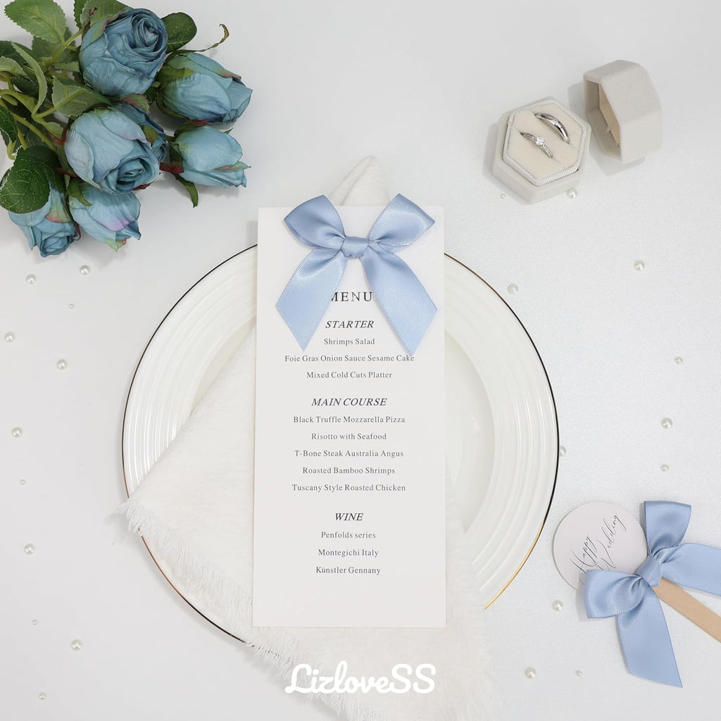 Pre-Tied Self Adhesive Dusty Blue Satin Ribbon Bows for Crafts 3" Small Blue Bow Decor for Coquette Birthday Party Decorations, Wedding, Gift Wrapping, Balloon, Baby Shower (50 Pack)