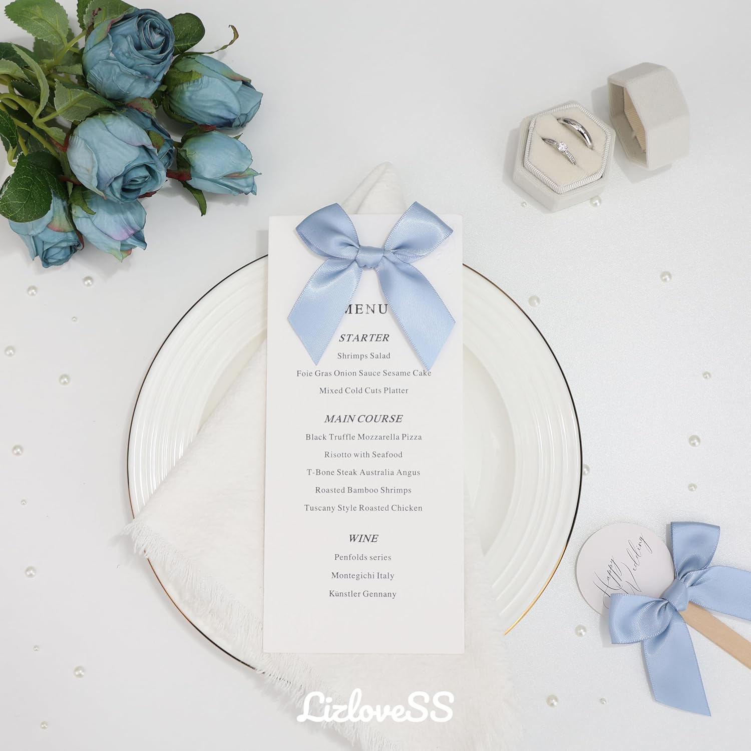 Pre-Tied Self Adhesive Dusty Blue Satin Ribbon Bows for Crafts 3" Small Blue Bow Decor for Coquette Birthday Party Decorations, Wedding, Gift Wrapping, Balloon, Baby Shower (50 Pack)