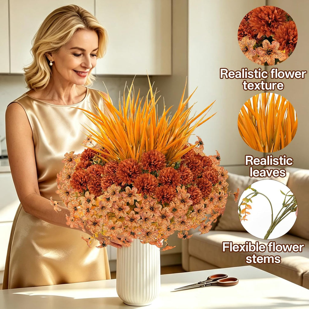 15 bundles artificial mums for outdoors, faux mums showing dimensions