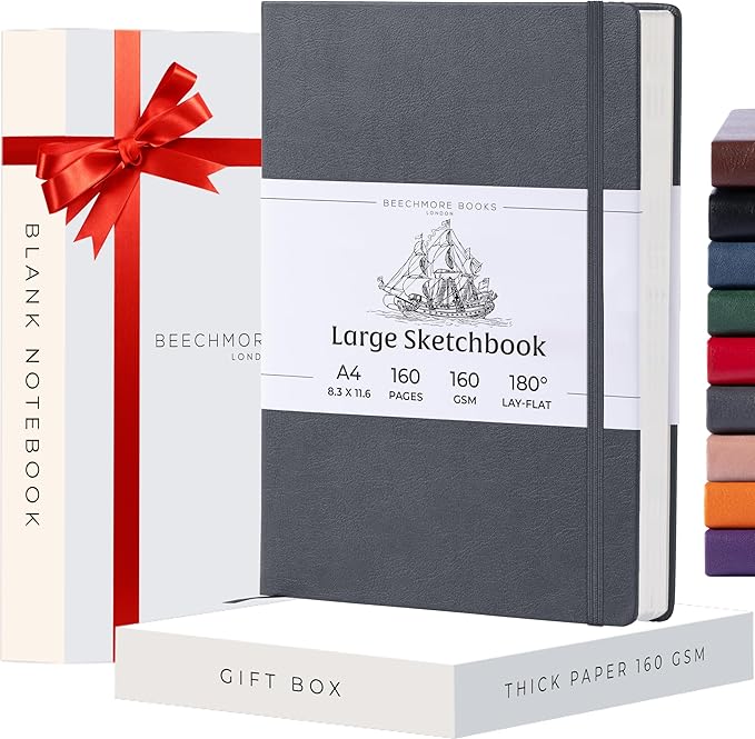 Beechmore Books A4 Sketchbook – 8.5x11 Premium Vegan Leather Bound Large Sketch Book Hardcover with 156 Thick 160gsm Perforated Ivory Pages, Blank Sketch Pad, Gift Boxed, Back Pocket, Ribbon Bookmark