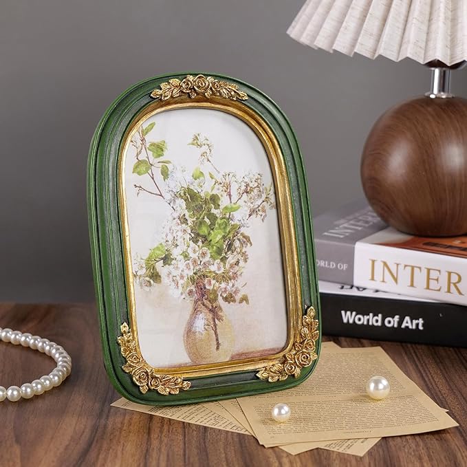 Cuspin Vintage 5x7 Picture Frame, Ornate Gold Green Arch Frames Resin Photo Frame with Glass Front for Tabletop or Wall Display, Antique Decorative Frame for Home Decor or Gift