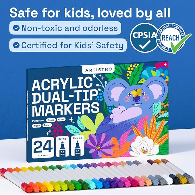 ARTISTRO Acrylic Paint Markers for Rock, Fabric, Wood, Glass, Craft - 24 Quick Dry Dual-Tip Paint Pens for Halloween Decorations - Pumpkin Painting Kit, Drawing Markers, Art Supplies, Christmas Gift