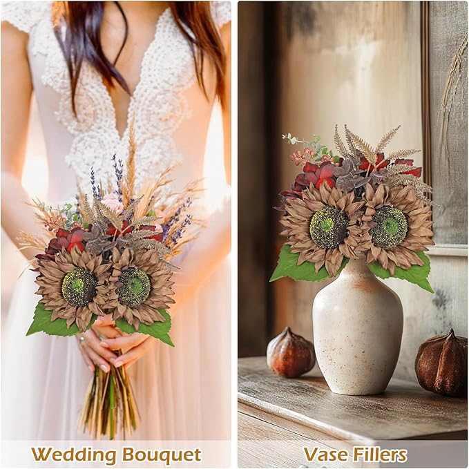 Silk Sunflowers Artificial Flowers with Mason Jar Centerpiece for Table Brown Fall Flowers in Vase Small Fall Floral Arrangement with Vase Thanksgiving Centerpiece for Dining Room Table Autumn Decor