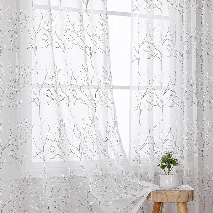 VISIONTEX Sheer Curtains 84 inch Length 2 Panels Set, Decorative Grey Coral Embroidery, Rod Pocket Embroidered Window Drapes for Living Room and Bedroom, 54" x 84"