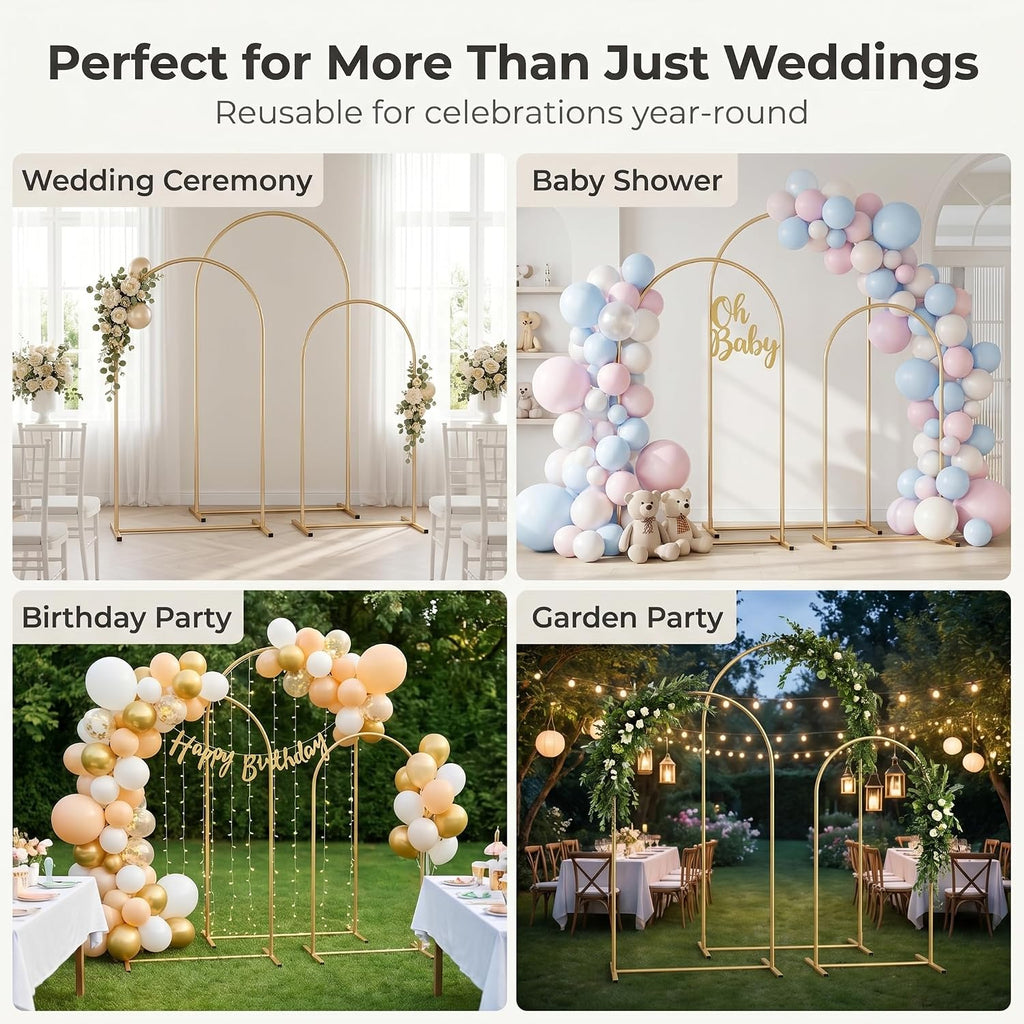 gold metal arch backdrop stand set of 3, package contents