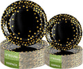 Lullaby 200PCS Black Paper Plates, Black and Gold Paper Plate, 100pcs Dinner Plates 9"，100pcs Dessert Plates 7", Disposable Graduation Plates with Golden Dot for Birthday party, Halloween