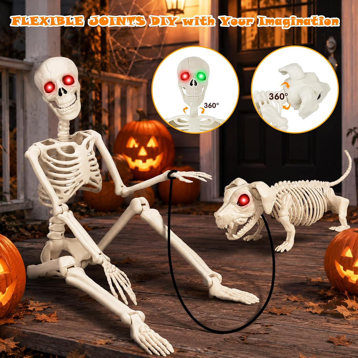 36'' Halloween Skeleton Decoration with Dog: Posable Skeleton Glowing...