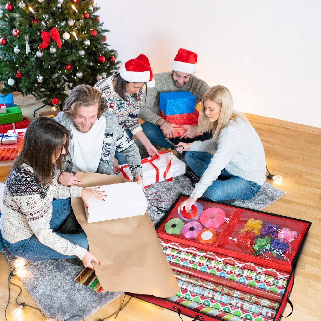 Wrapping Paper Storage Container | Under Bed Gift Wrap Organizer for 30 Inch Rolls | 31”x13.5”x4.5” | 600D Oxford Material | Box Holder with Pockets for Ribbon, Bows, and Accessories (Red)
