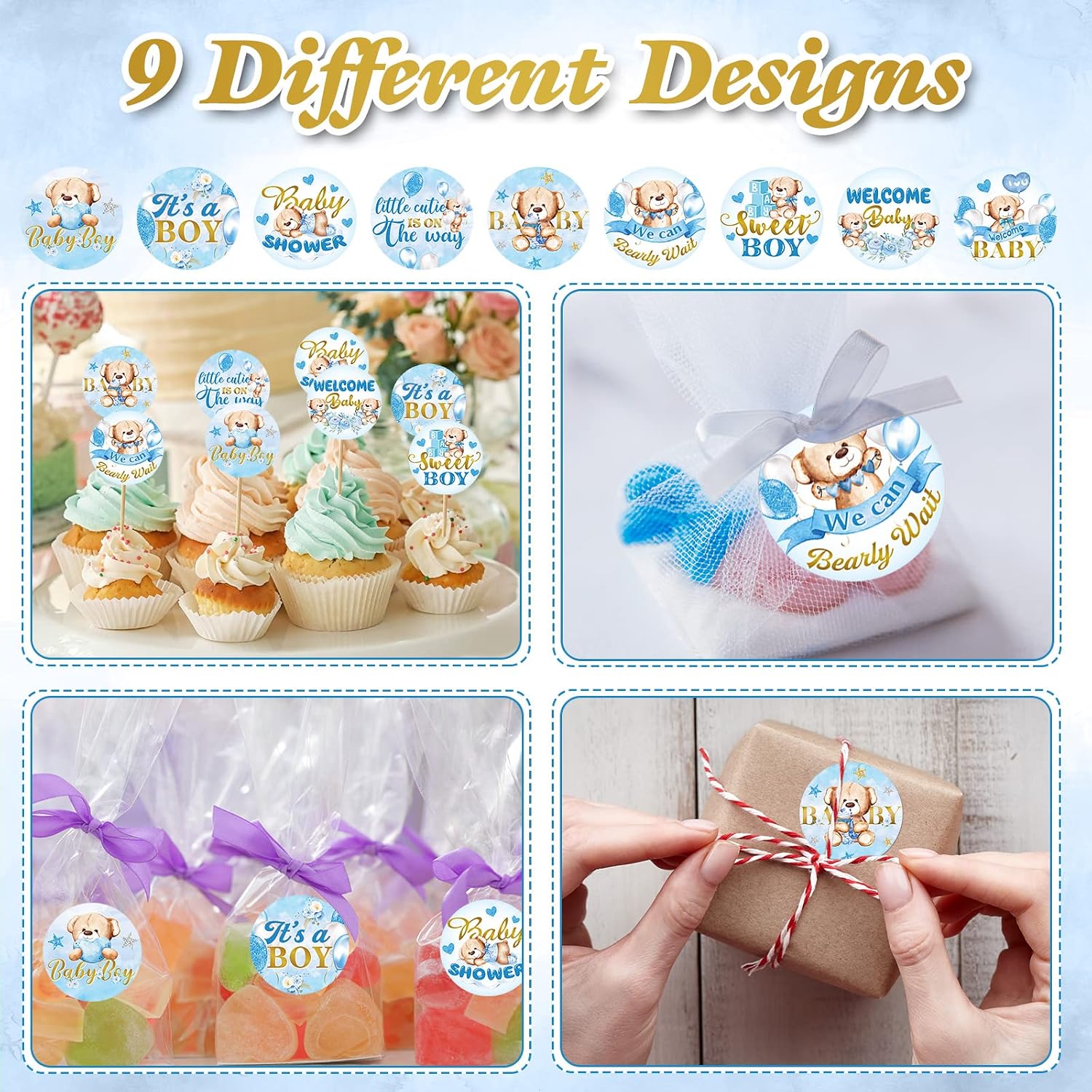 Clabby 504 Pieces Boy Girl Baby Shower Favors Stickers Mini Kisses Candy Stickers Chocolate Drop Labels Wrappers Little Cutie Baby Shower Decoration for Sprinkle Birthday Party(Blue Bear)