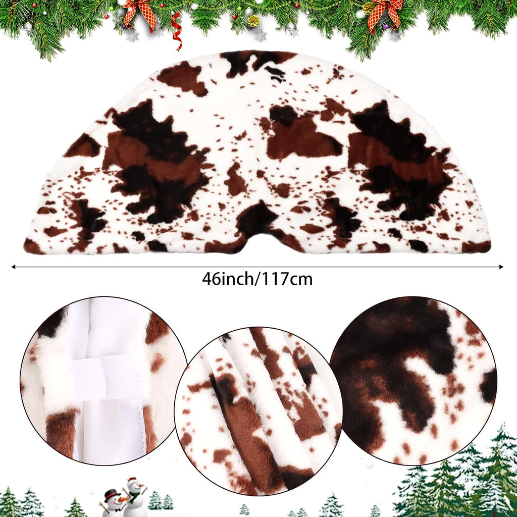 Christmas Tree Skirt Cow Print Faux Fur Folable Christmas Ring Tree Skirt for Artificial Trees Base Stand Cover Xmas Trees Decoration