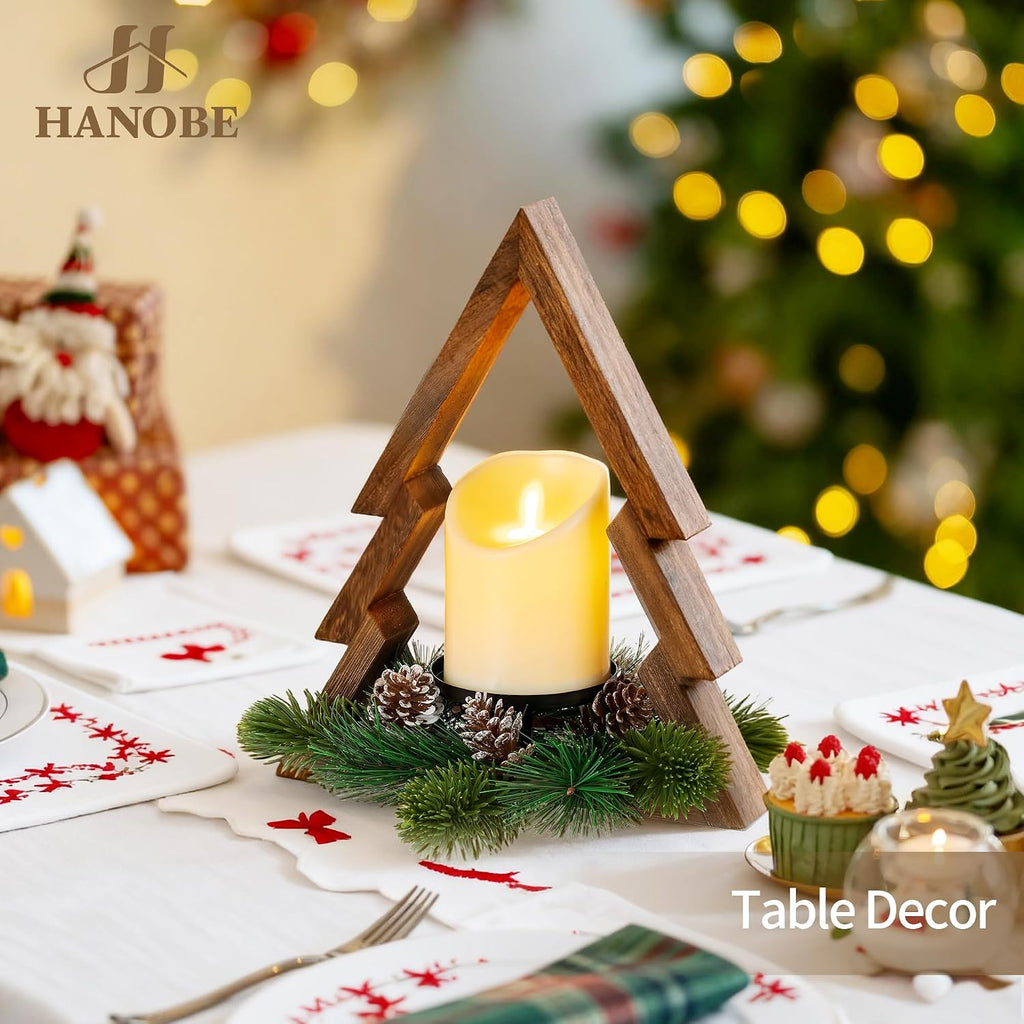 Hanobe Farmhouse Christmas Table Decorations: Rustic Wood Christmas Centerpiece Tree with Pine Ring & Remote Timer LED Candle for Home Shelf Mantel Office Decor