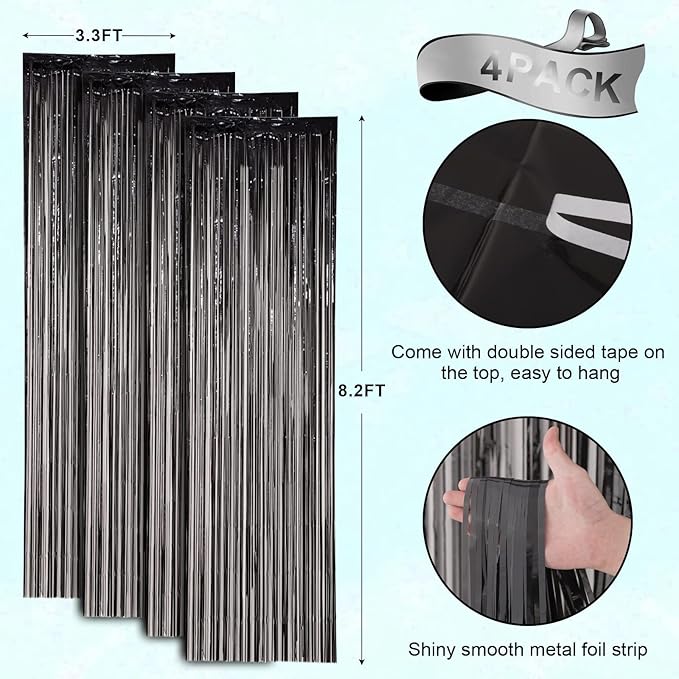 4 Pack Black Foil Fringe Backdrop Curtains, Tinsel Streamers Birthday Party Decorations, Fringe Backdrop for Graduation, Baby Shower, Gender Reveal, Disco Party