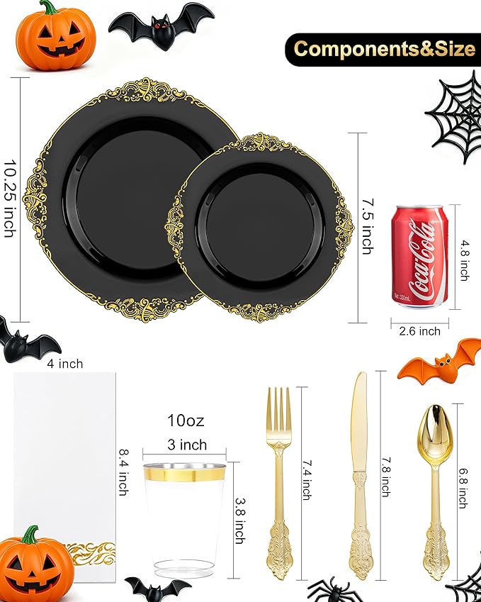 Nervure 350PCS Black Plastic Plates - Black Plastic Dinnerware Sets for 50 Guests - 100 Disposable Plates, 150 Gold Silverware, 50 Cups, 50 Napkins for Wedding & Party & Halloween