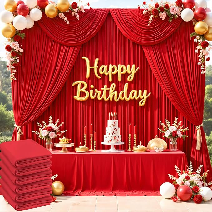 30ftx10ft Red Backdrop Curtains for Parties, Wrinkle Free 6 Panels 5x10ft Silky Photo Backdrop Drapes Back Drop Cloth for Wedding Birthday Photography Baby Shower Background Decor