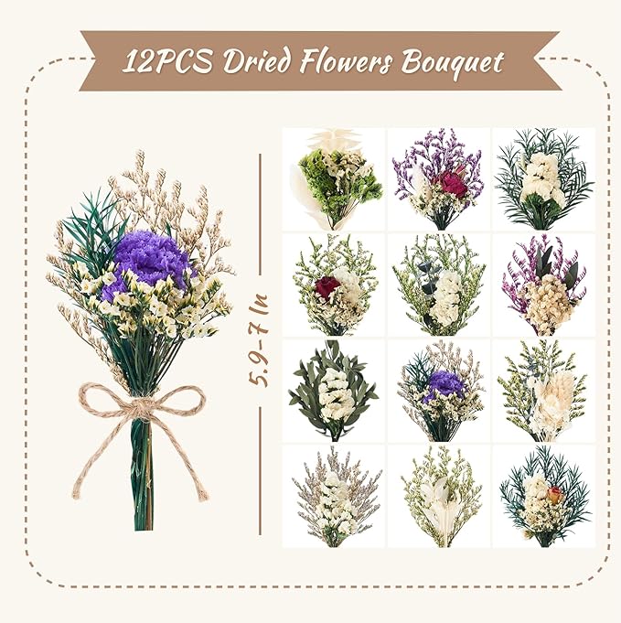 12/24 PCS Charming Dried Flowers Bouquet for Vase Various Dried Wildflowers with Stems Mini Handmade Wildflowers Natural Real Flowers Bulk Flowers Craft (White Series, 12 PCS)