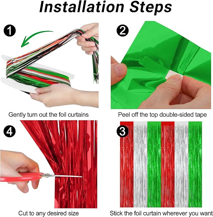 12 Pack Christmas Party Backdrop, 3.28 FT x 7.05 FT Red Silver Green Foil Streamer, Metallic Fringe Curtains Tinsel Streamer, Hanging Christmas Decorations Picture Props Door Decor