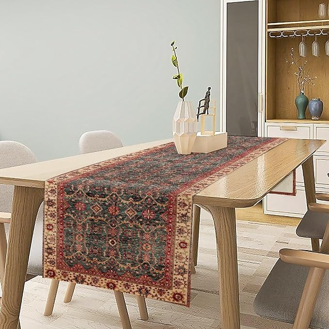 Vintage Boho Floral Table Runner, Rustic Country Farmhouse Red Teal Retro Flower Pattern for Home Kitchen Table Decor Dining Coffee Room Party Decor 13x36in