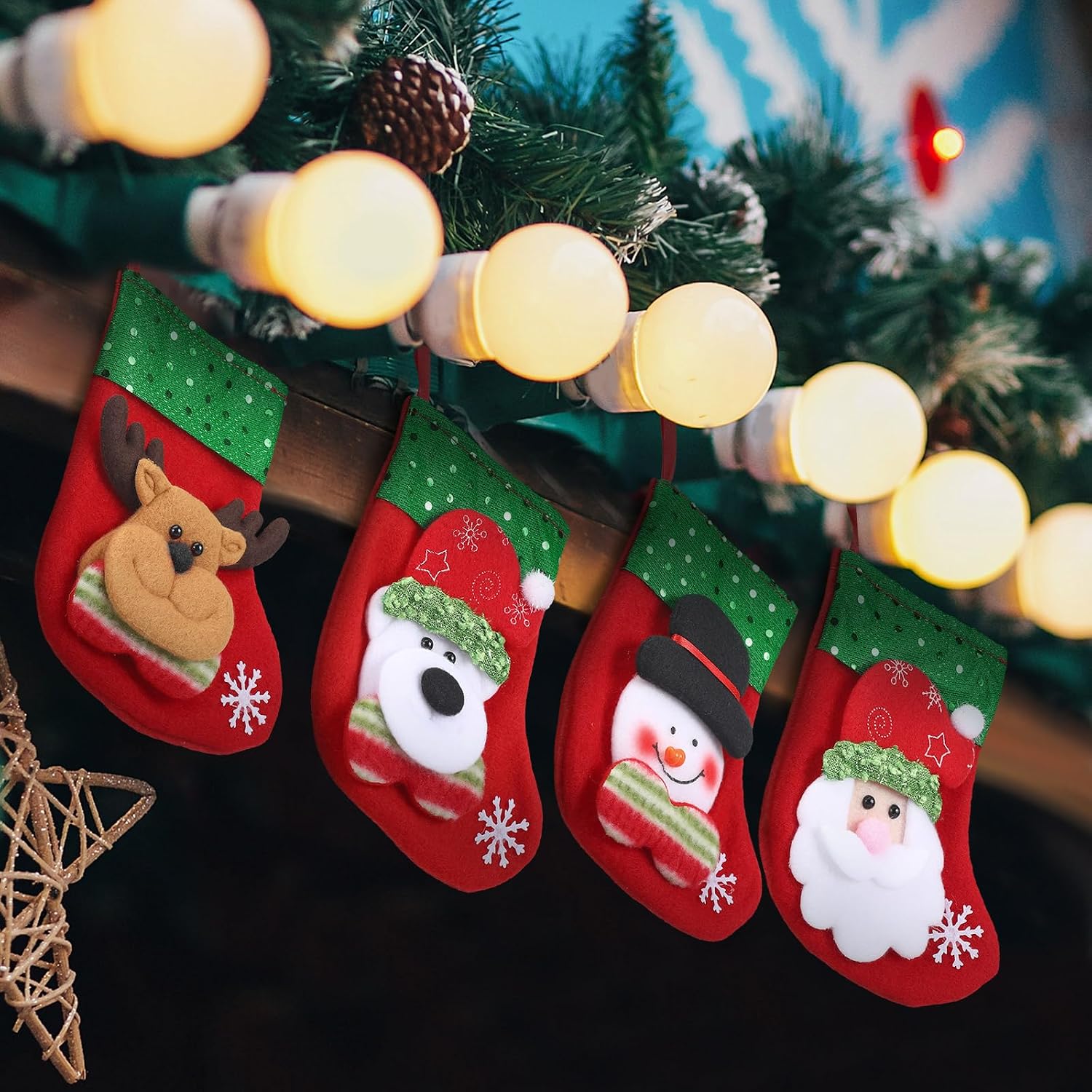 Shappy 12 Pcs Mini Christmas Stockings Bulk 7" Small Felt Christmas Stockings Snowman Polar Bear Santa Claus Reindeer, Candy for Xmas Tree Fireplace Family Pet Party Favors Gift(Green,Sequins)