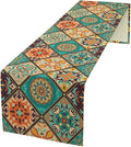 Bohemian Patchwork Table Runnerboho Colorful Tile Patchwork Indian Floral Print Table Runner for Home Kitchen Indoor Outdoor Party Wedding Decor, 13x90inch
