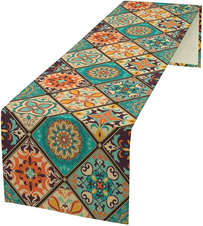 Bohemian Patchwork Table Runnerboho Colorful Tile Patchwork Indian Floral Print Table Runner for Home Kitchen Indoor Outdoor Party Wedding Decor, 13x36inch