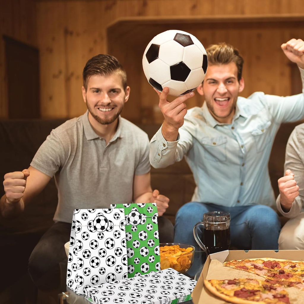 MIMIND 24 Pack Soccer Party Favor Paper Bags White Green Soccer Snack Bags with Stickers Birthday Goodie Treat Bags for Soccer Themed Decorations Games Sports Party Supplies