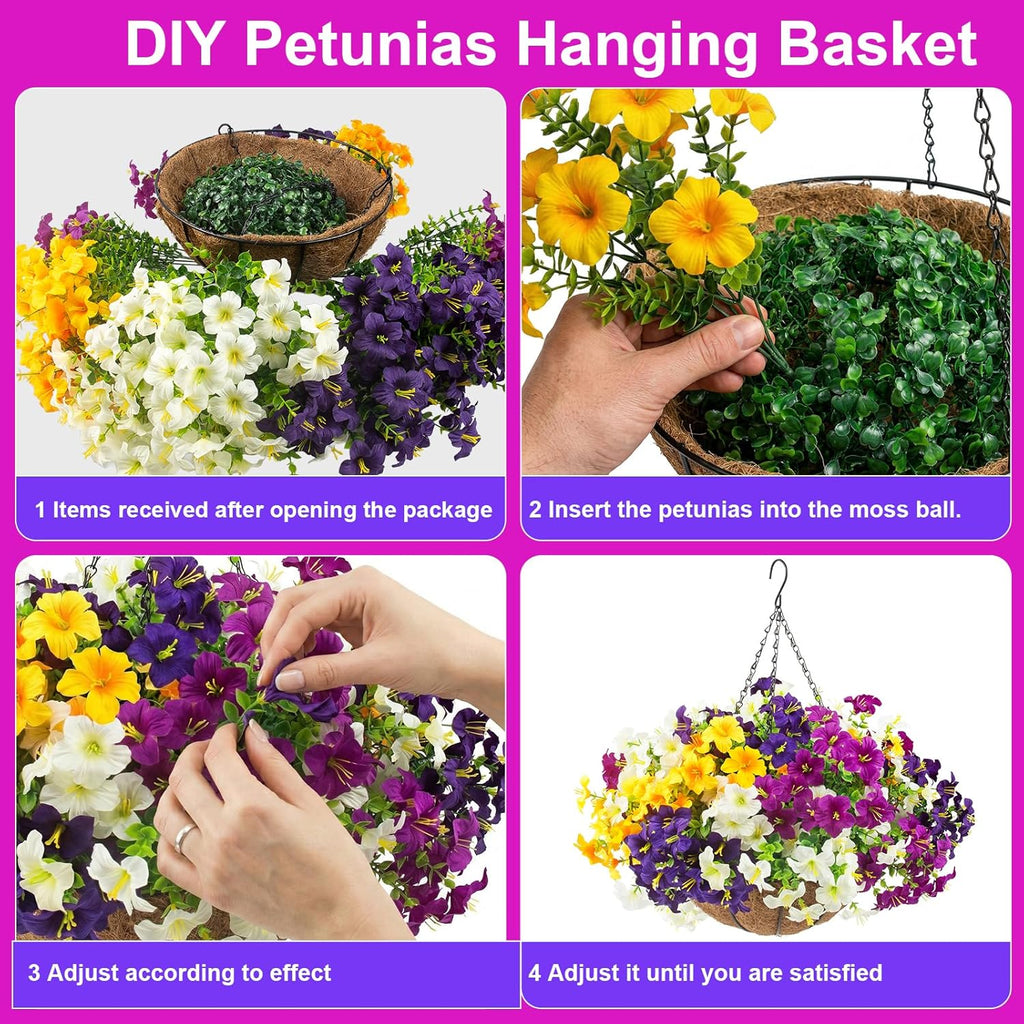 2 Set Artificial Outdoor Flowers with Hanging Baskets,24 Pcs UV Resistant Faux Petunias Flowers with Hanging Planter for Front Door Porch Spring Outside Decor (2, White,Yellow,Purple,RedViolet)