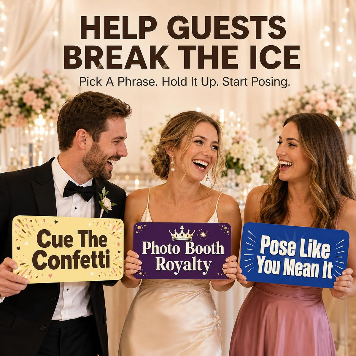 64 Designs Wedding Photo Booth Props, 32 Double-Sided Selfie Signs