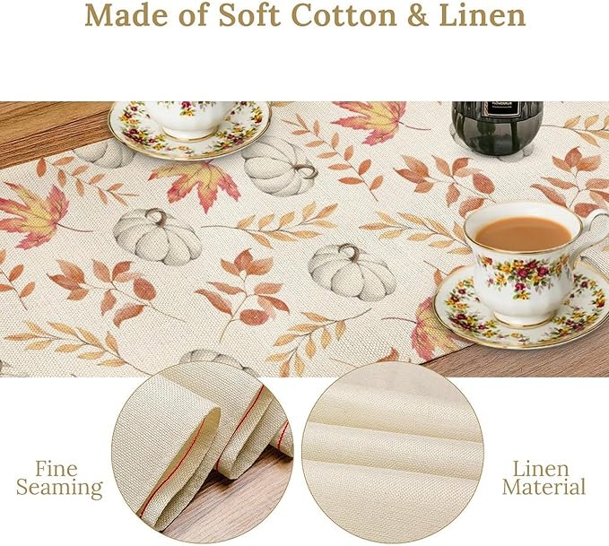 Pumpkin Leaves Table Runner,Seasonal Autumn Thanksgiving Kitchen Dining Table Decoration for Home Party Decor 13x120 Inch