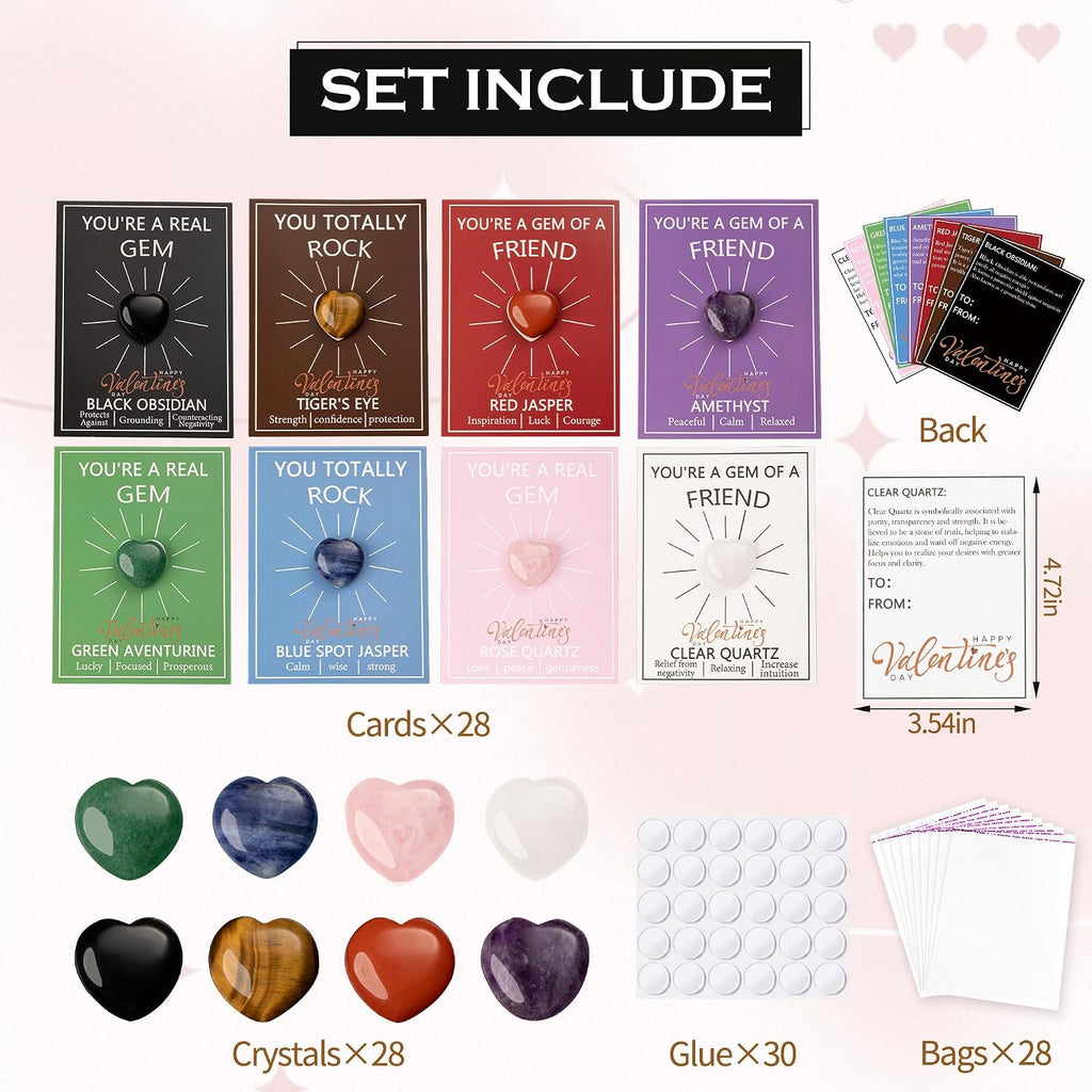 28 pcs Valentines Day Gifts for Kids-Valentines Day Cards for Kids School classroom,valentines heart Crystals with Cards,valentine exchange party favors for kids boys girls,Valentines goody bag filler
