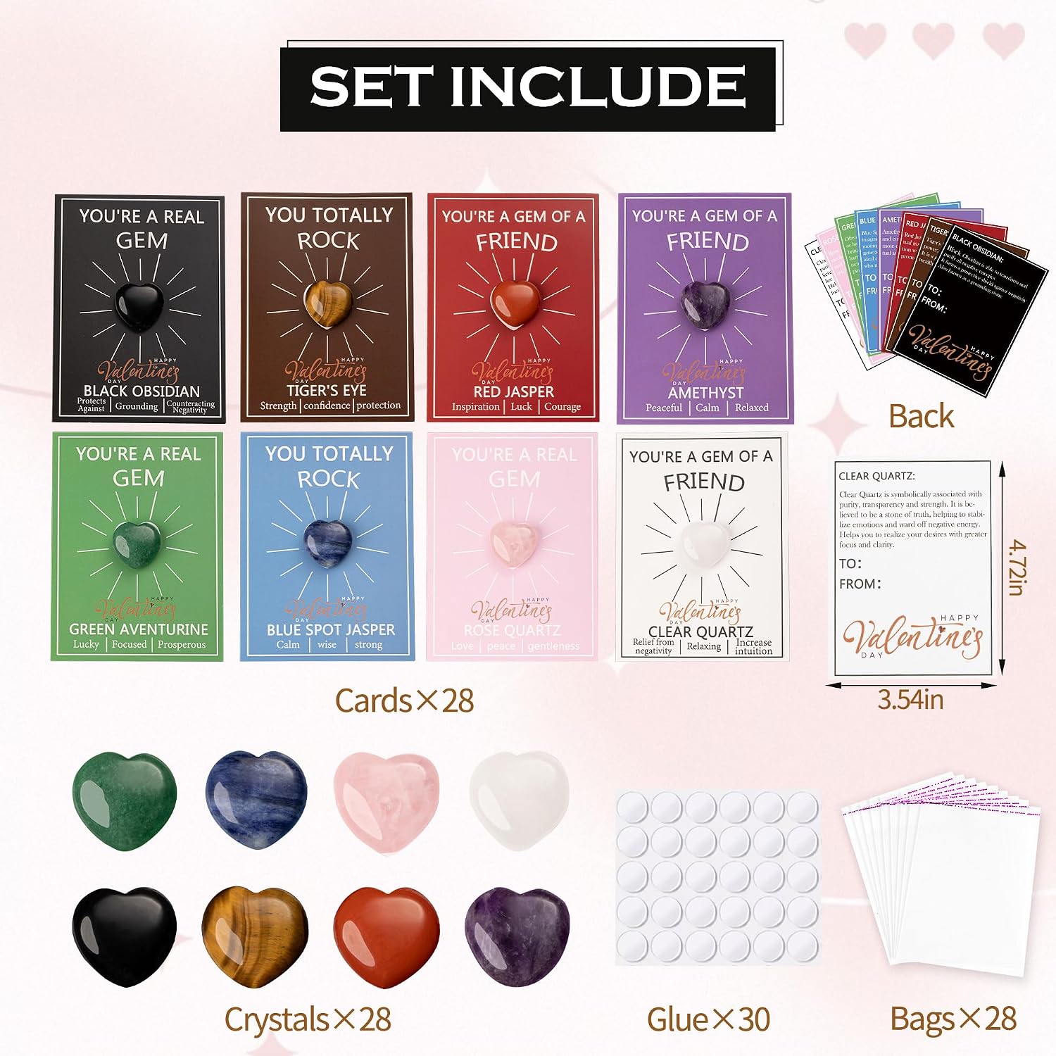 28 pcs Valentines Day Gifts for Kids-Valentines Day Cards for Kids School classroom,valentines heart Crystals with Cards,valentine exchange party favors for kids boys girls,Valentines goody bag filler