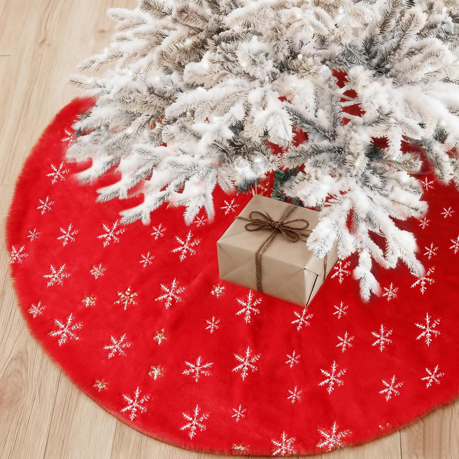 Christmas Tree Skirt, 48 Inch Red Luxury Faux Fur & Silver Sequin Snowflakes, 4ft Xmas Tree Skirt for Holiday Tree Ornaments Christmas Party Home Decorations