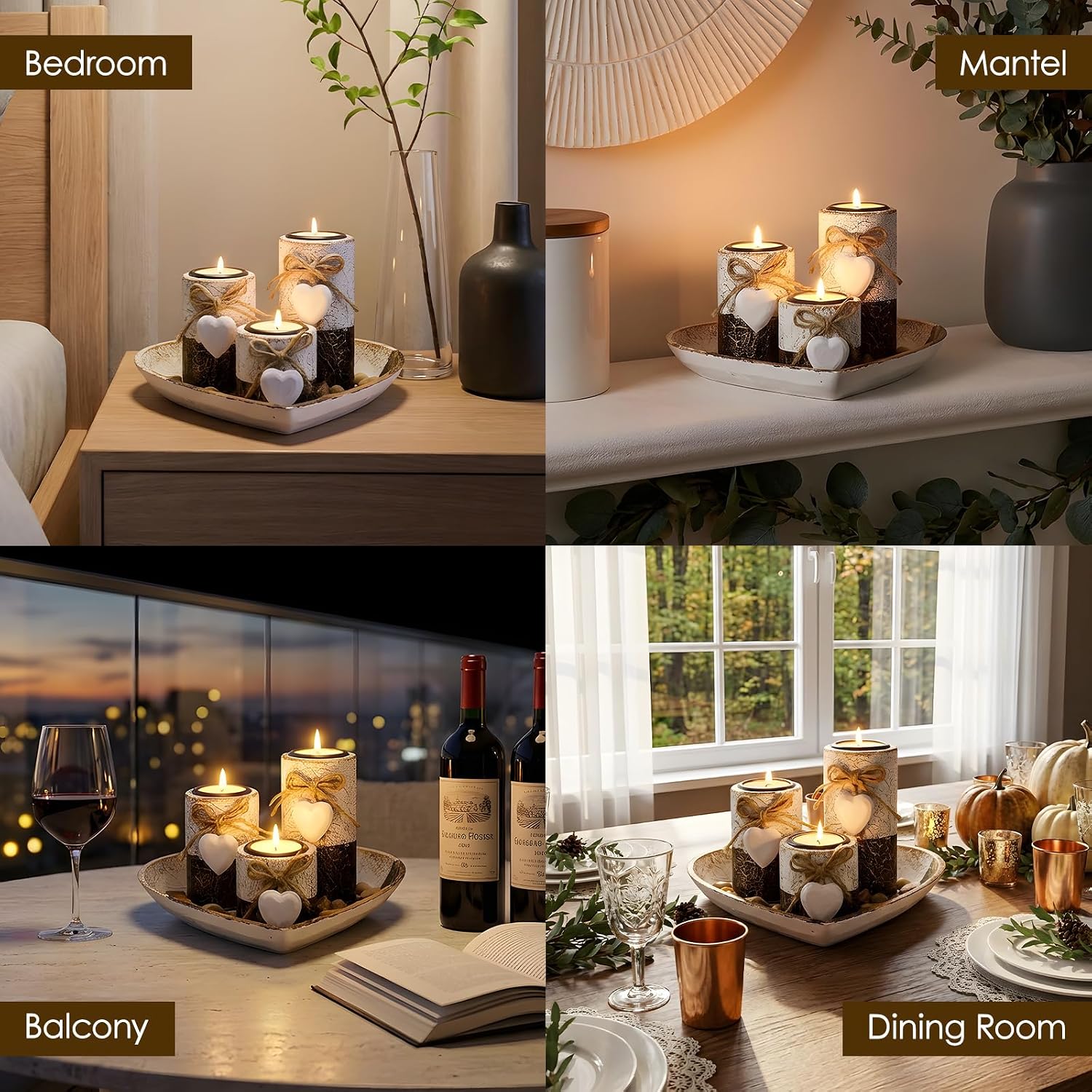 Farmhouse Candle Holders 3 Pack Rustic Wooden Pillar Candle Holder with Heart Tray and Stones Tealight Candles Holders Farmhouse Centerpiece for Coffee Table Mothers Day Valentines Home Decor
