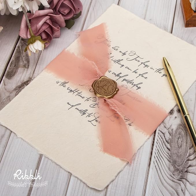 Ribbli Chiffon Silk Ribbon, 1.5 inch x 30 Yard, Blush Pink/Dusty Pink/Mauve Fringe, Wedding Invitations, Bridal Bouquets, Flower Arrangement
