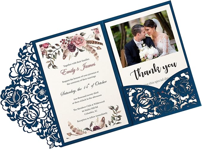 DORIS HOME 50pcs Laser Cut Wedding Invitations with Envelopes Blue, 4.7x7.1 Personalized Invitation Cards for Wedding, Anniversary Invitations with Envelopes