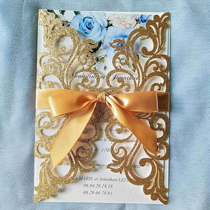 25PCS Gold Glitter Laser Cut Wedding Invitations Cards with Envelopes,Blank Inner Sheets,Ribbons for Wedding Bridal Shower Quinceañera Engagement Birthday Invites