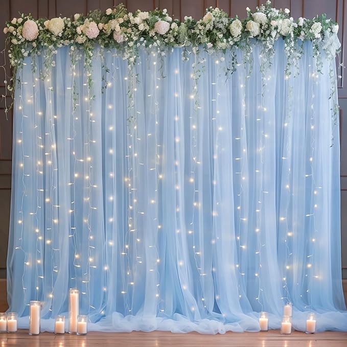 PARTISKY 20ft X 10ft Baby Blue Tulle Backdrop Curtain for Parites, Sheer Backdrop Curtains Fabric Drapes for Wedding Ceremony Arch Party Stage Decorations