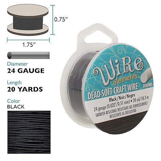 The Beadsmith Wire Elements Craft Wire – Tarnish Resistant, Soft Temper, Round, Black Color – 0.51mm, 24 Gauge, 20 Yard Spool – Jewelry Making, Wire Wrapping, Floral, & Other DIY Crafts