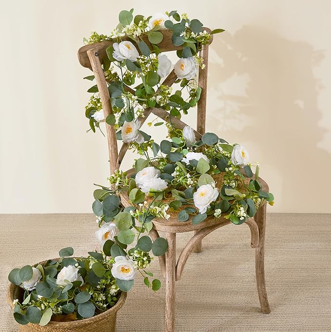 4 Pack Artificial Eucalyptus Flower Garland with White Roses, Fake Flowers Greenery Garland Flower Vines for Wedding Party Centerpiece Mantle Table Runner Spring Summer Home Decor (4PCS, White)