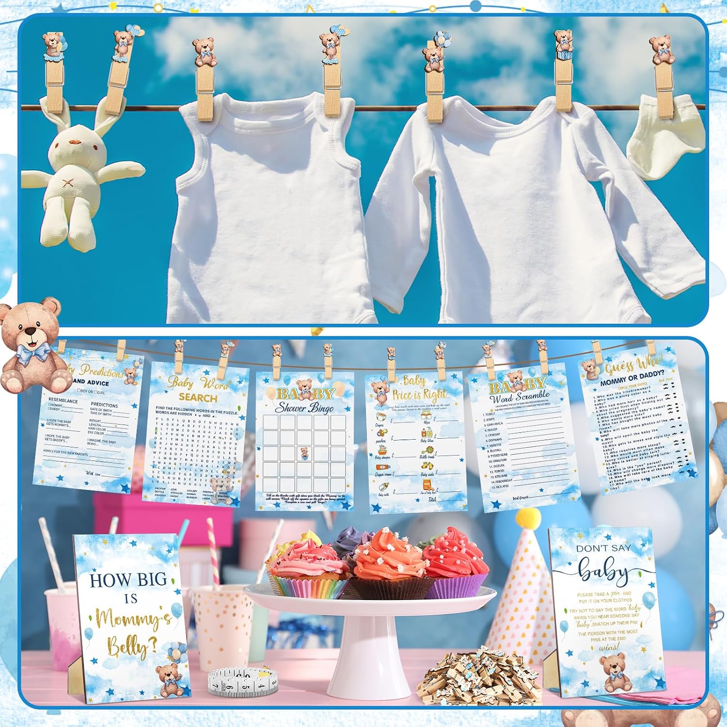 Funnymoom 426 Pcs Blue Theme Bear Baby Shower Decorations Games Set-8 Games Includes Bearly Wait Baby Shower Decorations Bingo Prediction and Advice How Big is Mommy's Belly Don't Say The Words